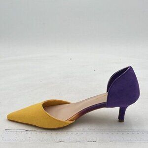 FOWT Yellow And Purple Pointed Toe Kitten Heel Pumps Slip On Two Toned D'Orsay